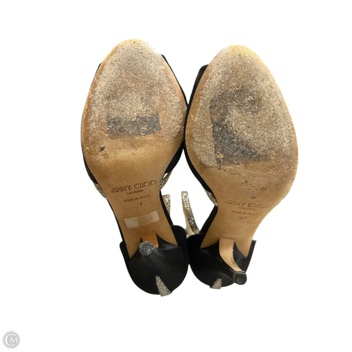 Sandals Luxury Designer By Jimmy Choo In Black & Gold, Size: 6.5
