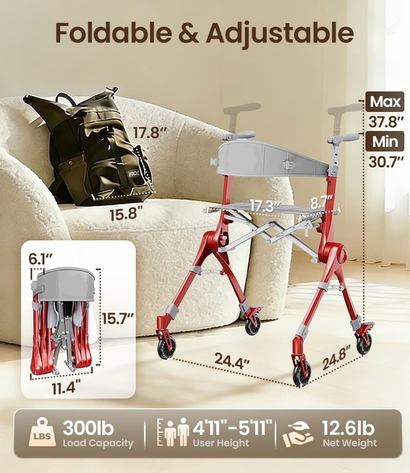 Ultra‑Light Foldable Rollator Walker for Seniors & Adults, Dual X‑Shape Heavy‑Duty Frame, Supports 330 Lbs, Comes with Travel Carry Bag