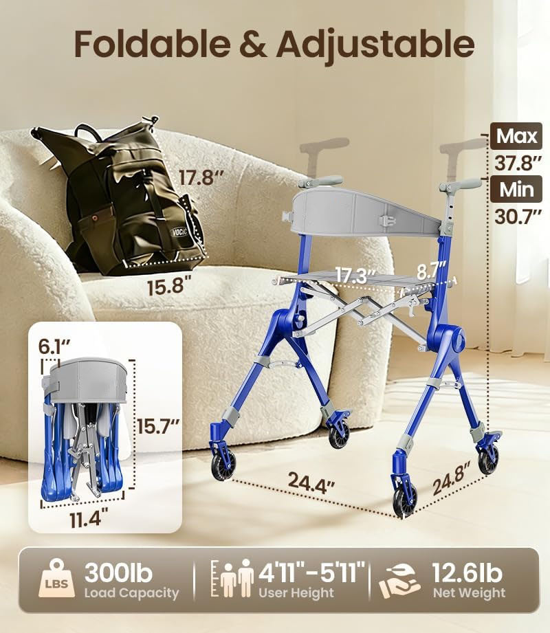 Ultra‑Light Foldable Rollator Walker for Seniors & Adults, Dual X‑Shape Heavy‑Duty Frame, Supports 330 Lbs, Comes with Travel Carry Bag