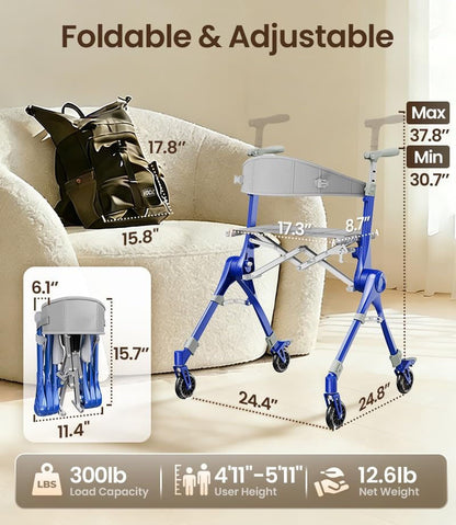 Ultra‑Light Foldable Rollator Walker for Seniors & Adults, Dual X‑Shape Heavy‑Duty Frame, Supports 330 Lbs, Comes with Travel Carry Bag