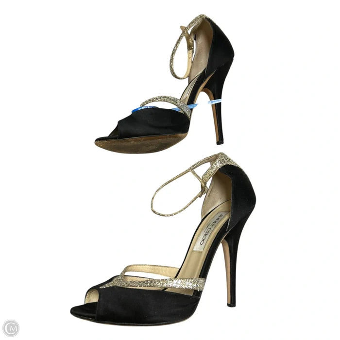 Sandals Luxury Designer By Jimmy Choo In Black & Gold, Size: 6.5