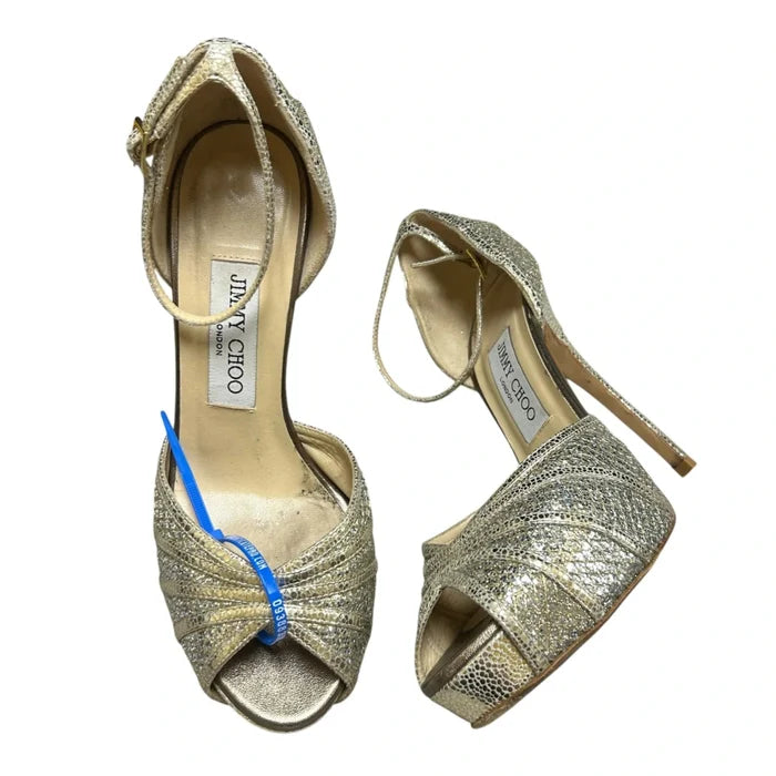 Sandals Luxury Designer By Jimmy Choo In Gold, Size: 6.5