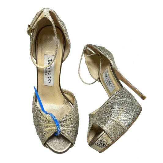 Sandals Luxury Designer By Jimmy Choo In Gold, Size: 6.5